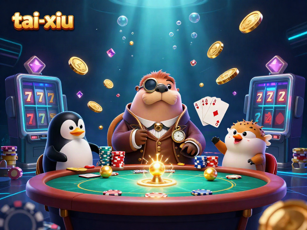 Engage in tai-xiu at a lively underwater casino with a jolly walrus dealer and pufferfish player.