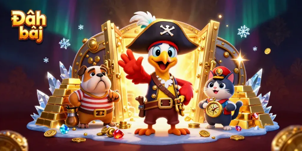 Engage in Đánh bài with a lively pirate scene featuring characters and treasures symbolizing the excitement of gambling.