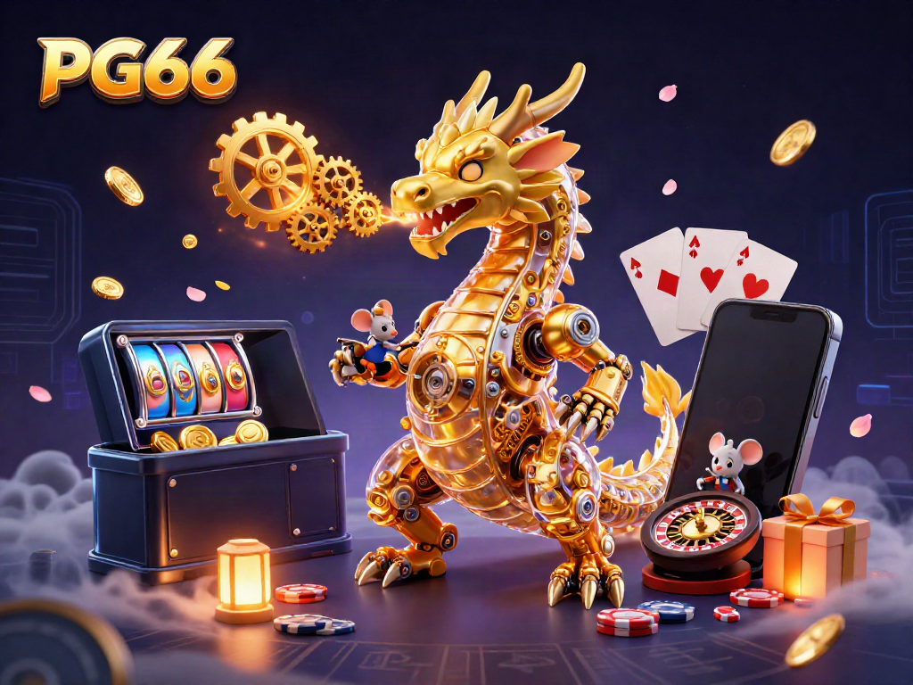 Experience thrilling action at PG66 with a dragon and game elements in a vibrant casino scene