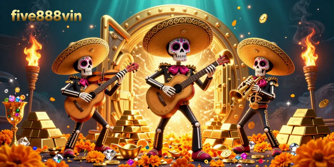 Experience winnings at five888vin with a mariachi band amidst treasures in a vibrant casino scene.
