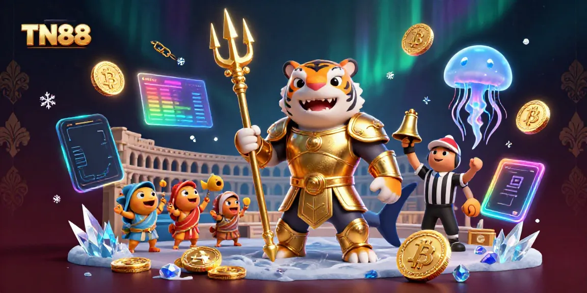 Engage in thrilling gameplay at TN88 with a vibrant underwater casino scene featuring a tiger shark and dynamic gaming elements.