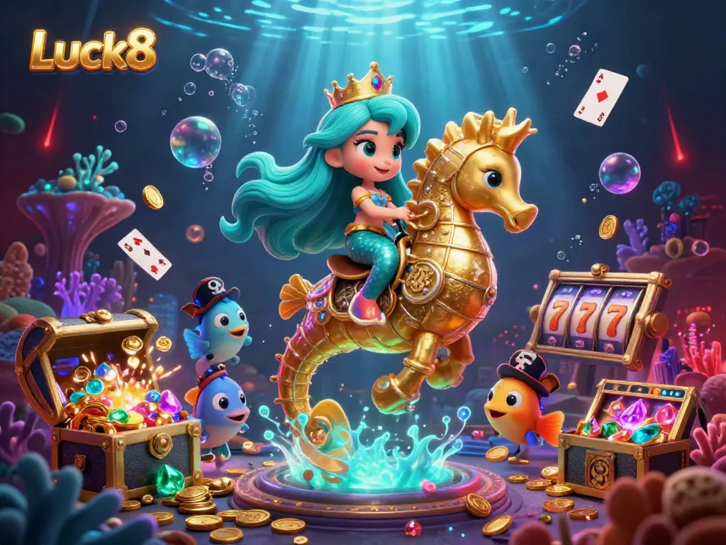 Luck8 brings excitement with a vibrant underwater casino scene featuring a mermaid, seahorse, and floating slot reels.