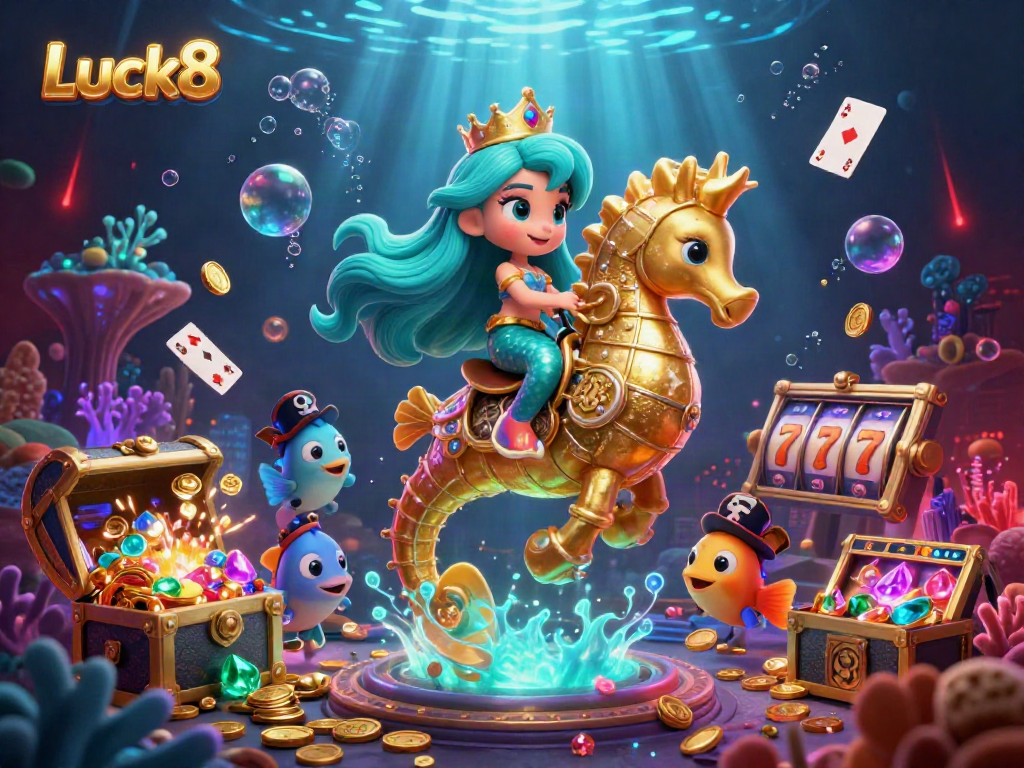 Luck8 brings excitement with a vibrant underwater casino scene featuring a mermaid, seahorse, and floating slot reels.