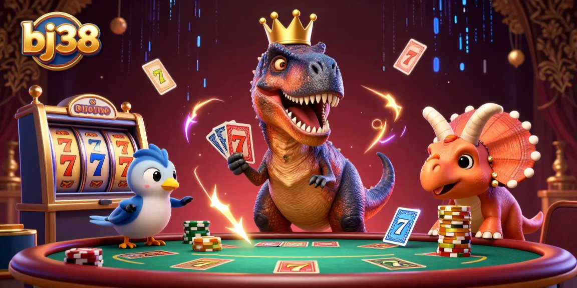 Join the action at bj38 as a T-Rex deals cards with a pterodactyl, surrounded by vibrant casino elements.