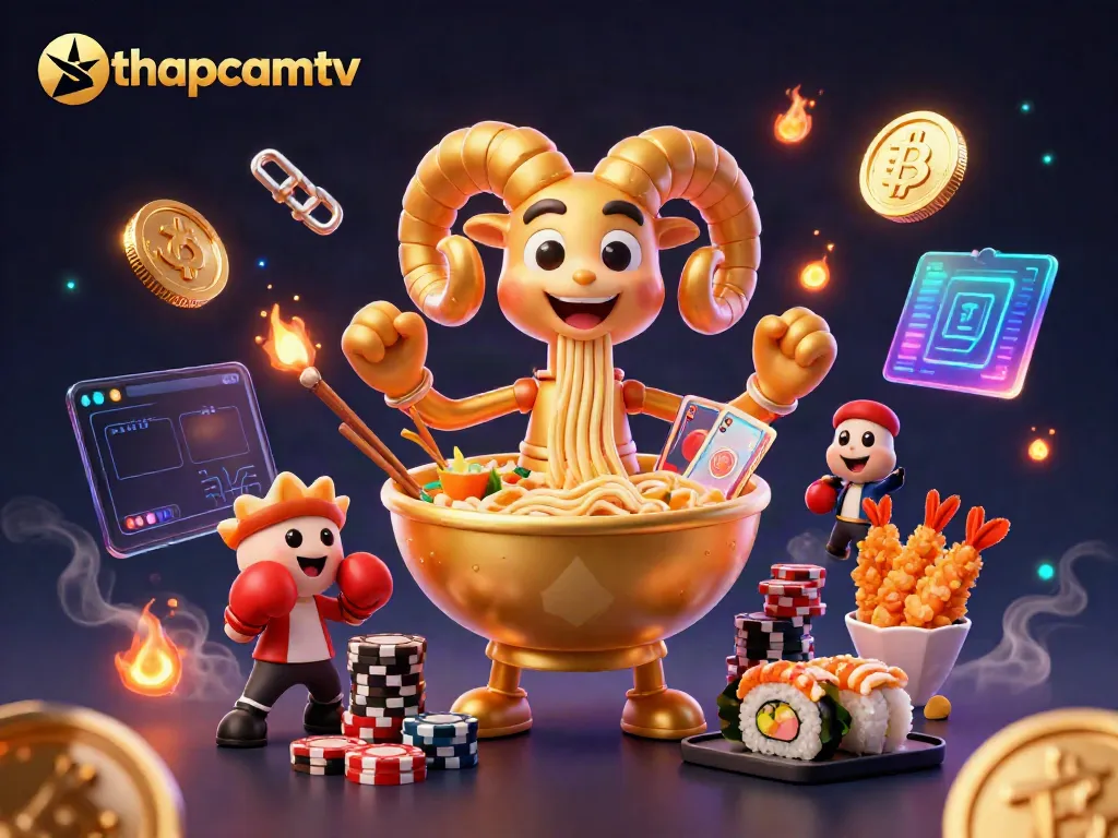 Thapcamtv showcases a vibrant scene with a golden ramen bowl dealer stacking chips and cards in a colorful casino atmosphere.