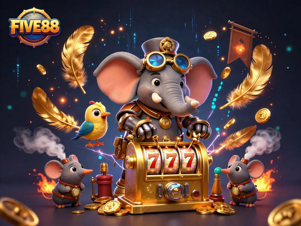 Experience FIVE88 with a steampunk elephant engineer at a vibrant casino scene.