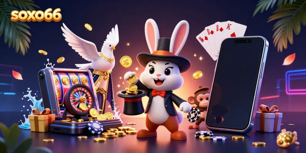 Experience the magic of soxo66 with a lively 3D casino illustration featuring gambling elements.