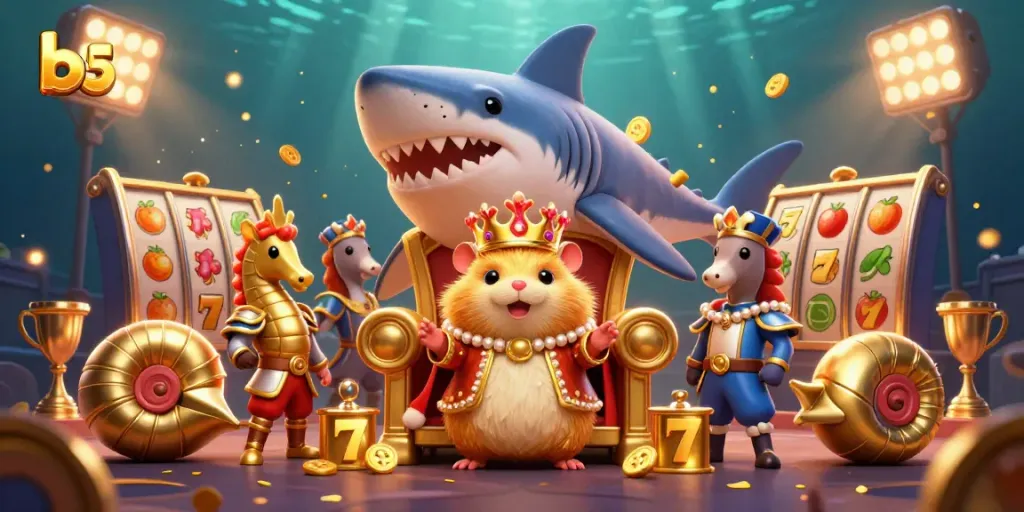 Engage in thrilling b52 gaming with the golden hamster king and vibrant slot elements.
