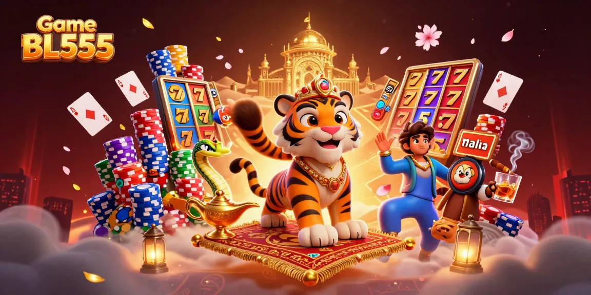 Spin and win with Game BL555 featuring a vibrant casino scene with a tiger sultan and slot reels.