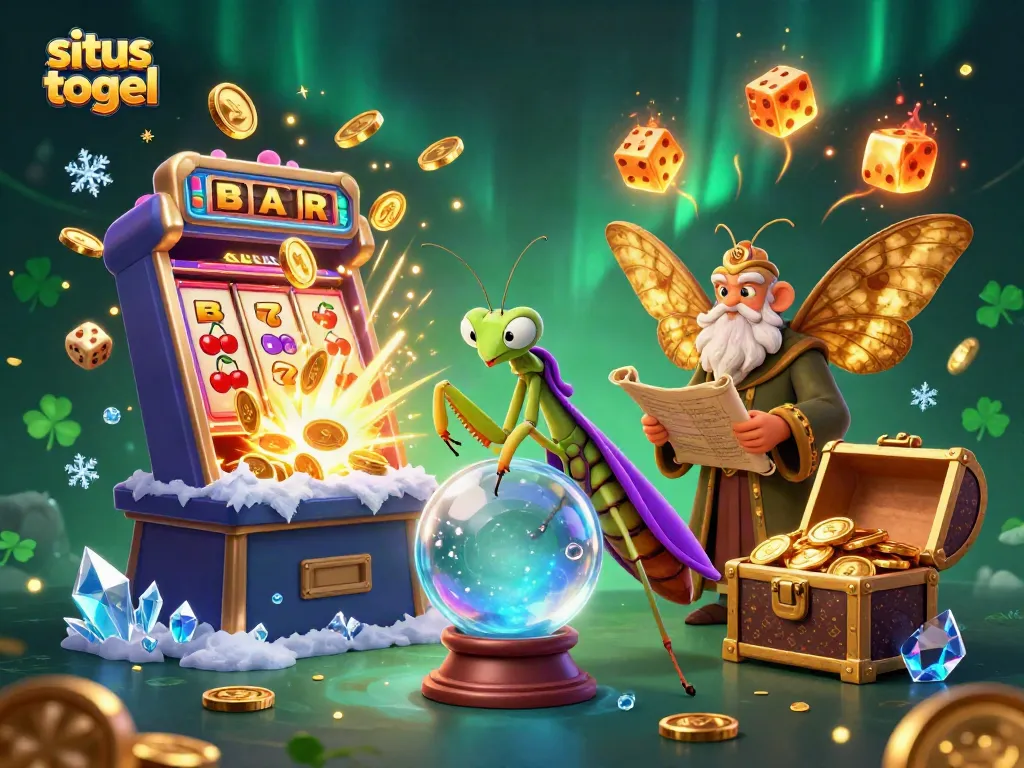 Situs togel vibrant illustration with fortune teller, moth librarian, and casino elements