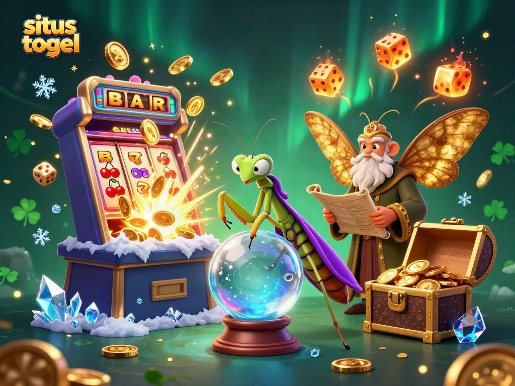 Situs togel vibrant illustration with fortune teller, moth librarian, and casino elements