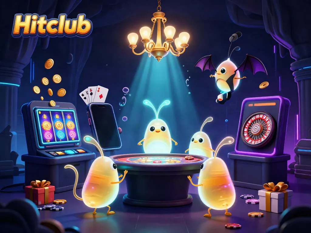 Experience thrills with Hitclub's glowing casino charm featuring animated characters and gaming elements.