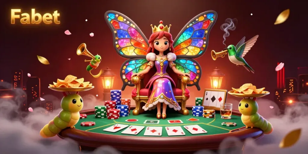Experience the magic of Fabet with a butterfly queen presiding over a vibrant casino scene filled with poker chips and cards.