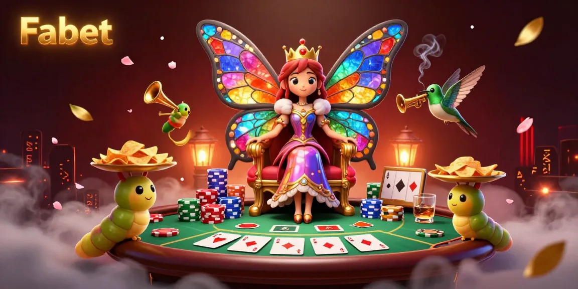 Experience the magic of Fabet with a butterfly queen presiding over a vibrant casino scene filled with poker chips and cards.