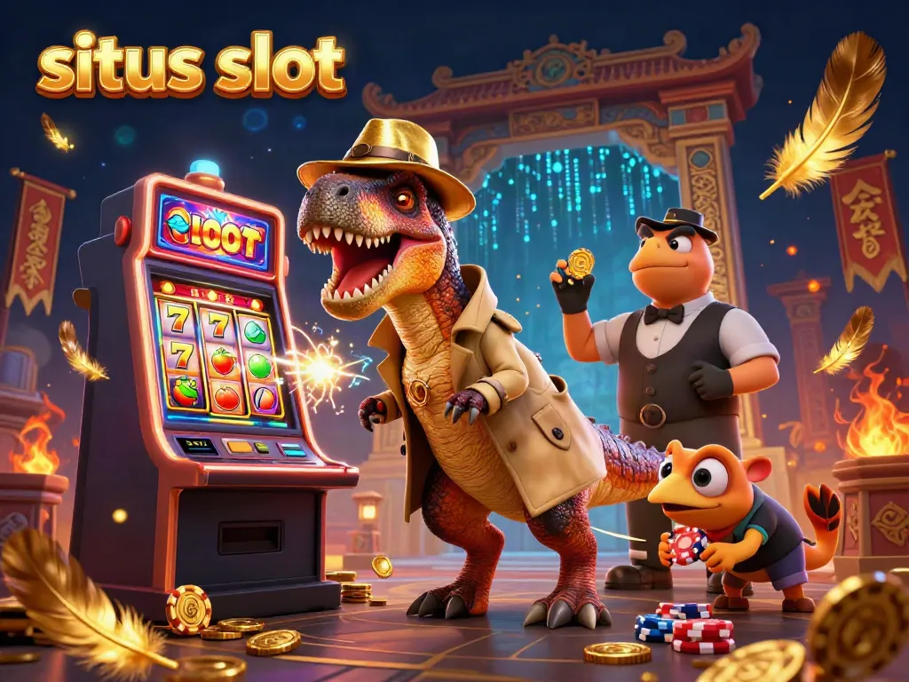 Sneak a win at situs slot with a velociraptor card counter and stegosaurus pit boss in a vibrant casino scene.