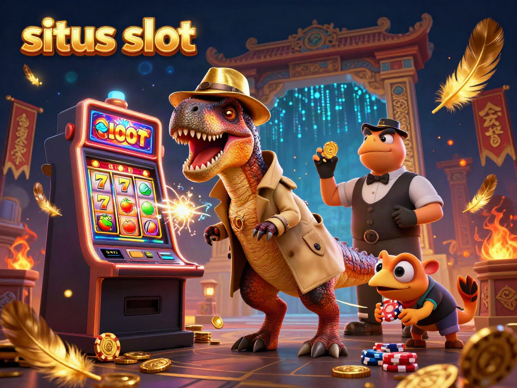 Sneak a win at situs slot with a velociraptor card counter and stegosaurus pit boss in a vibrant casino scene.