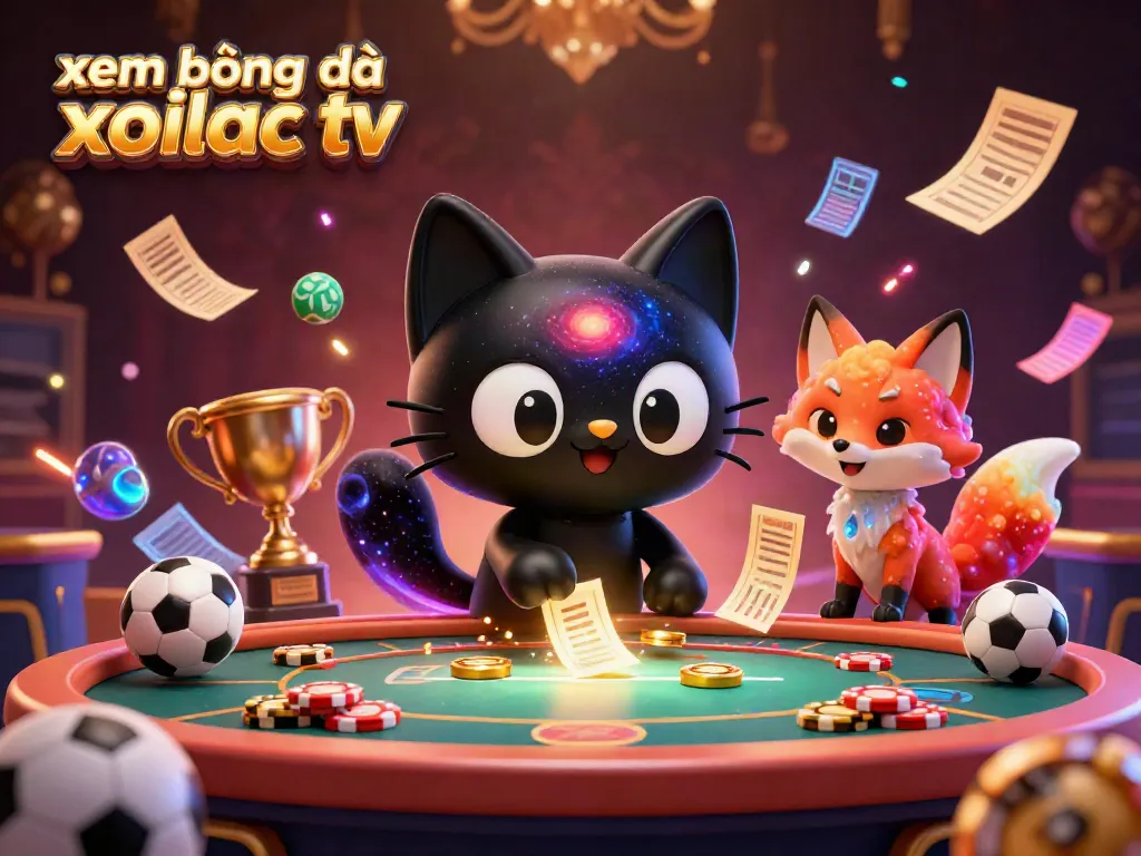 Xem bóng đá xoilac tv showcases a black hole cat and a nebula fox at a vibrant sports betting table, surrounded by colorful betting slips and energetic elements.