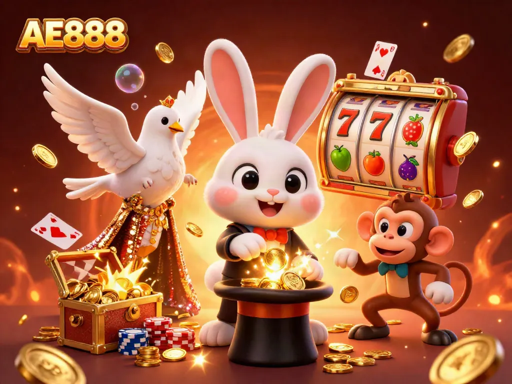 Experience the magic of AE888 with a playful rabbit and dazzling gameplay elements.