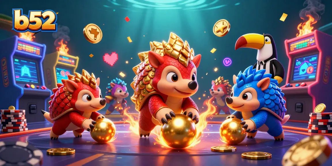 Engage in thrilling b52 gaming as colorful pangolins bowl through poker chips amidst vibrant casino elements.