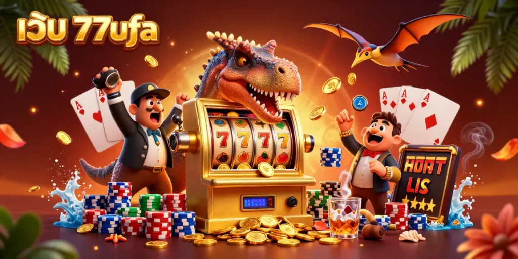 Experience excitement at เว็บ 77ufa as cartoon dinosaurs engage with a golden slot machine in a lively casino scene.