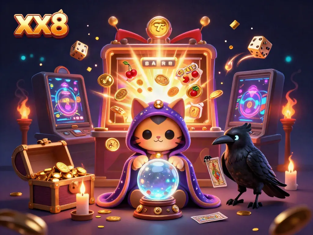 Experience the excitement of winning with XX8's vibrant casino scene featuring mystical characters and a jackpot slot machine.