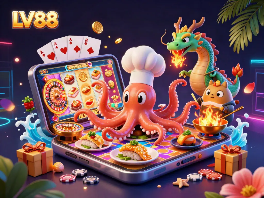 LV88 slots illustration with a cartoon octopus chef, dragon, and tanuki amid vibrant gaming elements.