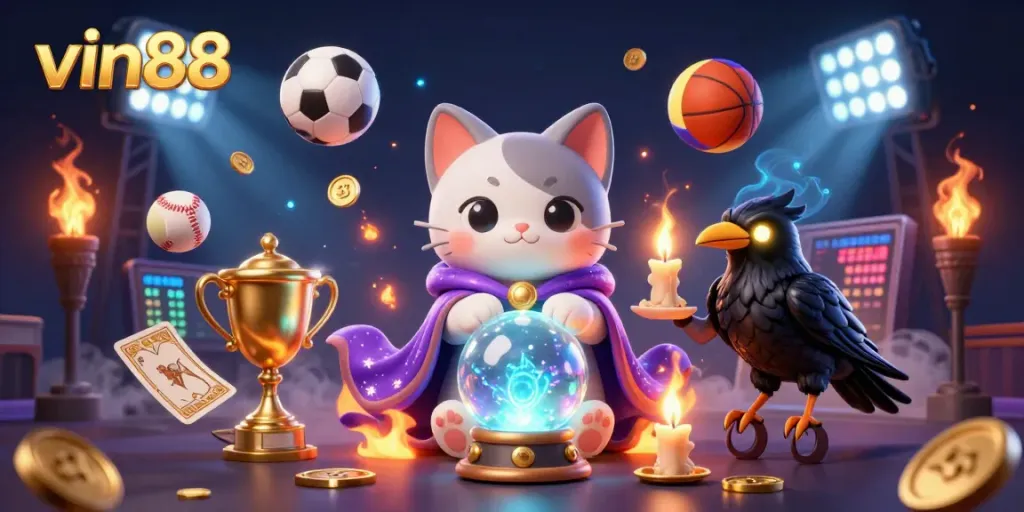 Experience thrilling sports action with vin88 in an enchanting 3D casino scene featuring mystical elements and dynamic game symbols.