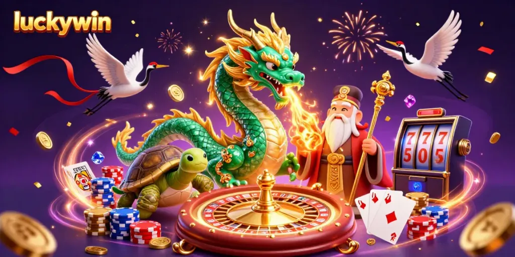 Experience the thrill at luckywin with vibrant dragons, coins, and casino symbols.