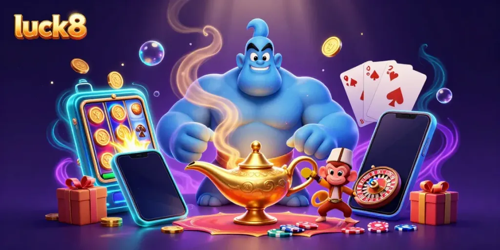 Experience the thrill of luck8 as a genie unleashes casino magic with spinning reels and poker chips!