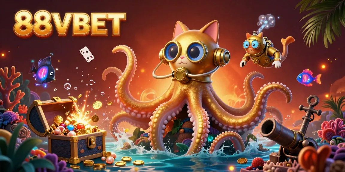 Experience the thrill of winning with 88VBET in this vibrant underwater casino adventure illustration.