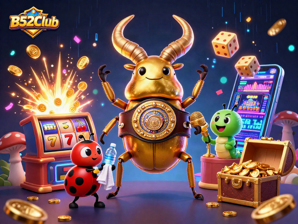 Bets explode at B52Club, showcasing a boxing beetle champion amid a jackpot spectacle.