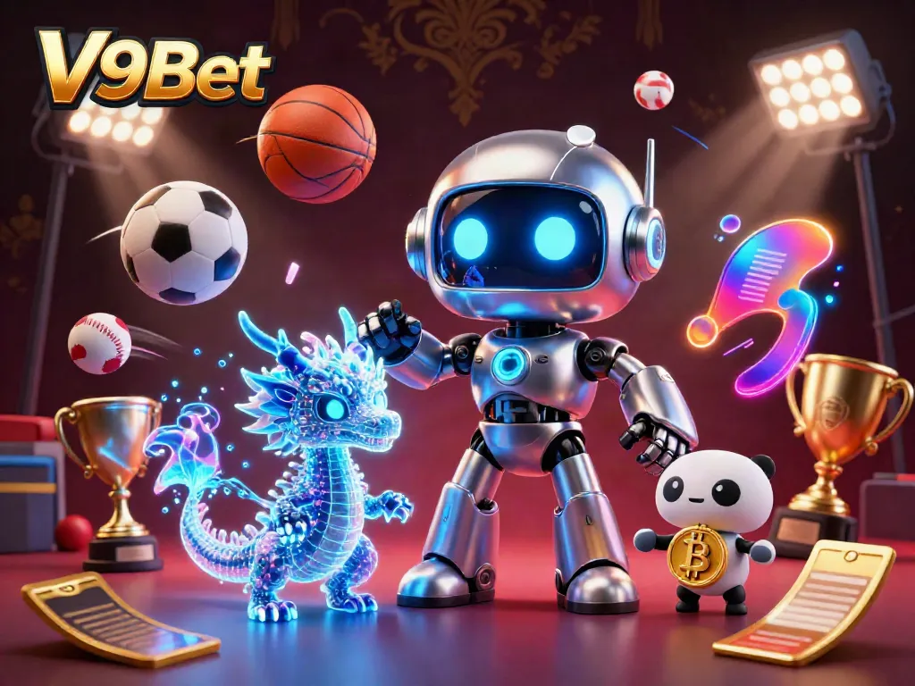 Experience thrilling action with V9Bet as a cyberpunk robot mascot and AI dragon navigate a vibrant casino atmosphere.