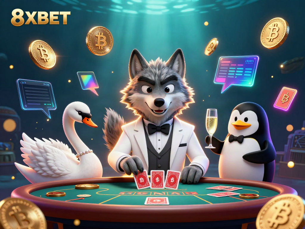 Engage with 8XBET in a vibrant casino scene featuring dynamic characters and crypto elements.