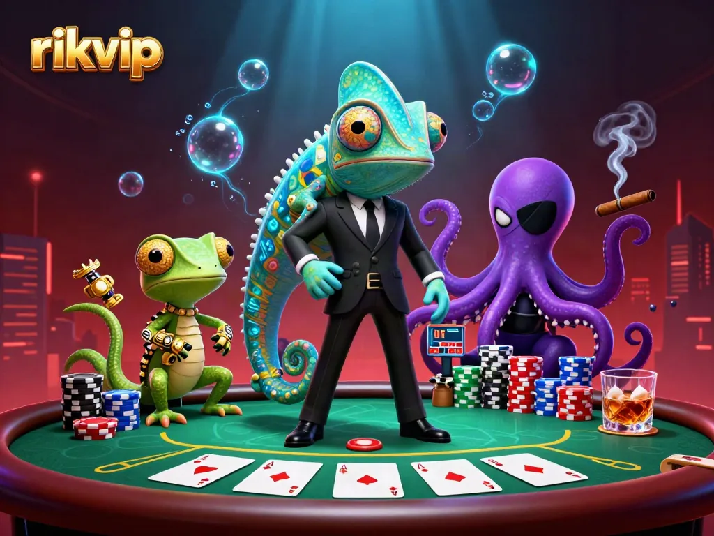 Engage with rikvip in a vibrant 3D casino scene full of colorful chips and characters.