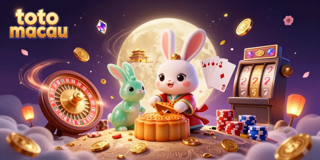 Melihat hasil Toto Macau dengan gaya kartun 3D, menampilkan kelinci bulan dan chip poker.