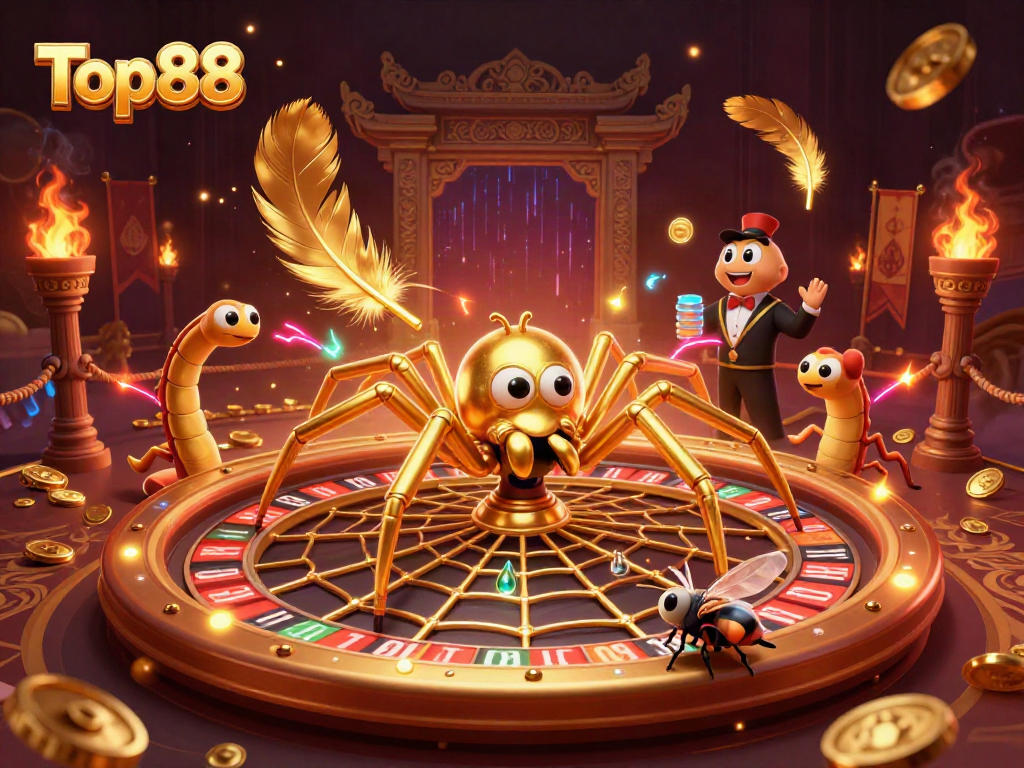 Top88 illustration of a golden spider and centipede croupier in a vibrant casino scene