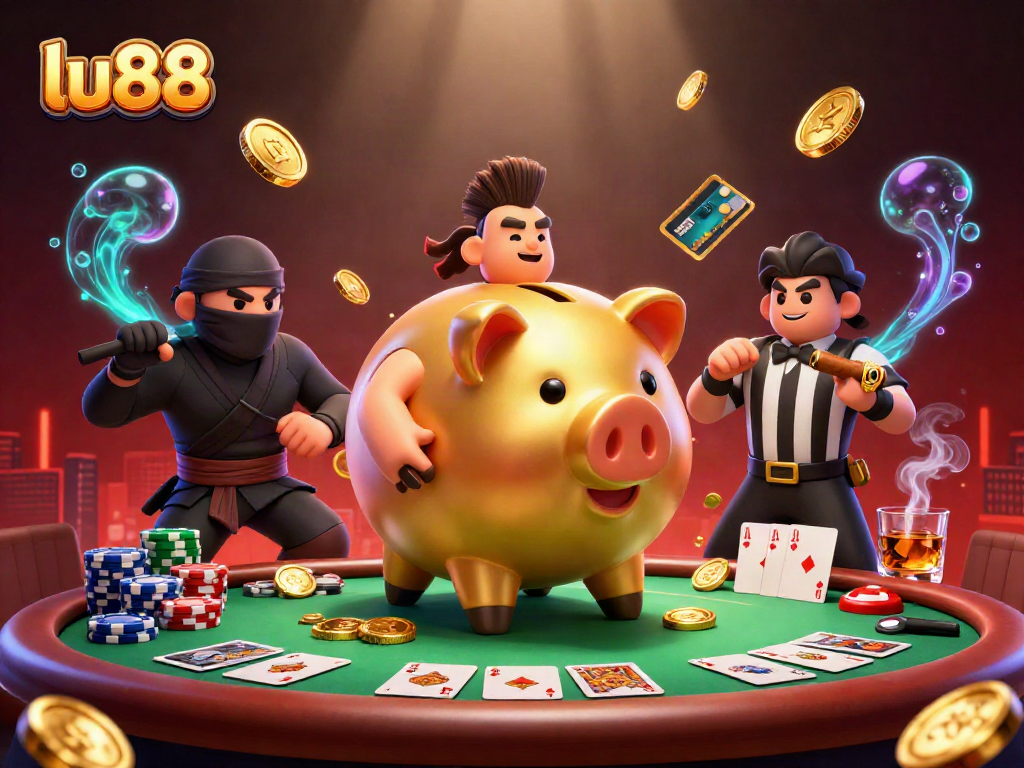 Experience exciting gameplay at lu88 with a vibrant scene of a sumo wrestler amidst poker chaos.
