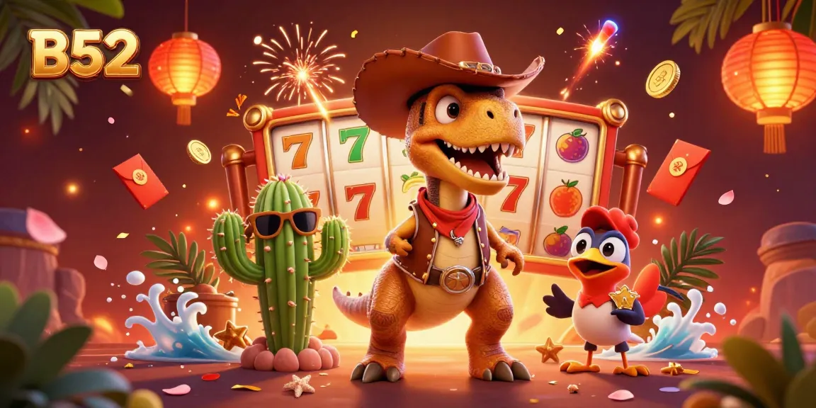 Experience the thrilling B52 casino with a vibrant T-Rex, lucky symbols, and festive atmosphere.