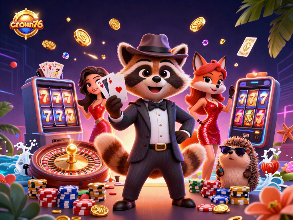 Crown76 casino illustration showcasing a suave raccoon and charming fox with vibrant casino elements