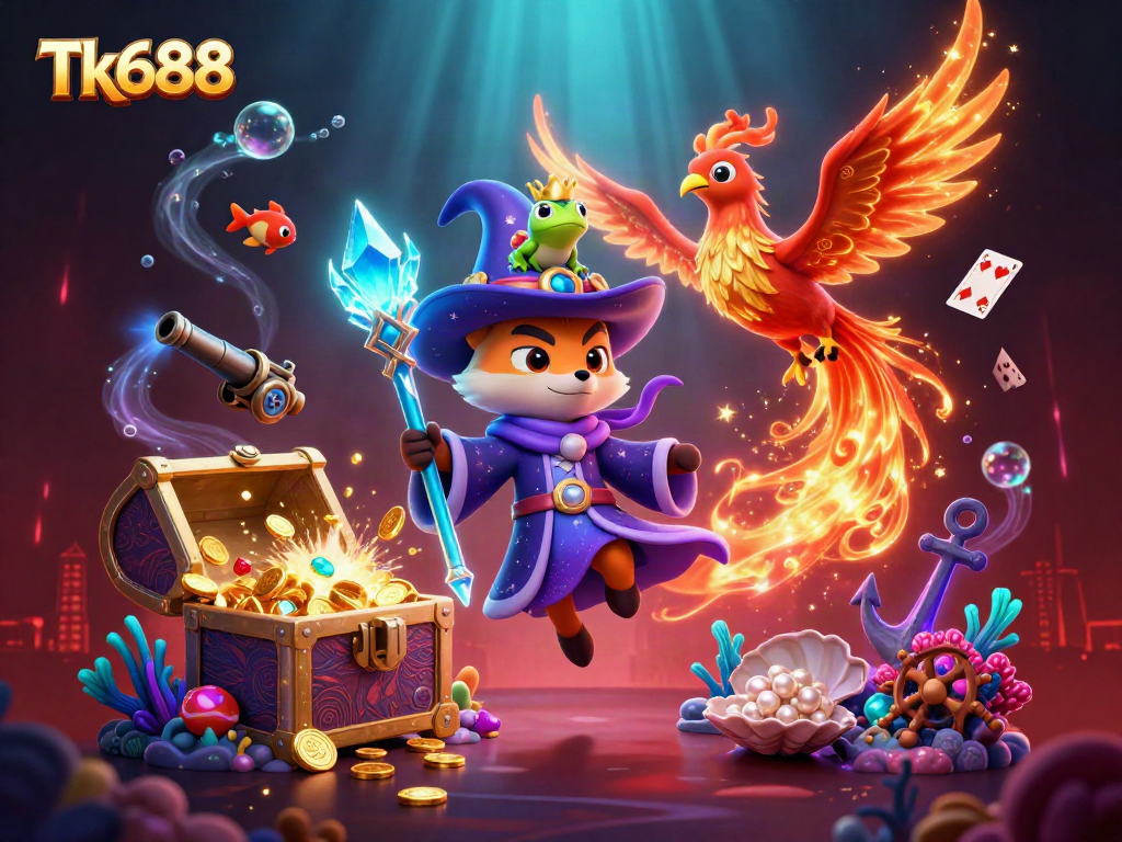 Experience the magic of Tk688 with a vivid 3D illustration of an enchanted wizard fox and phoenix in a rich casino-themed scene.
