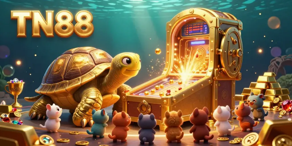 Experience thrilling TN88 casino gameplay as golden tortoise beats the pinball machine amidst treasures.