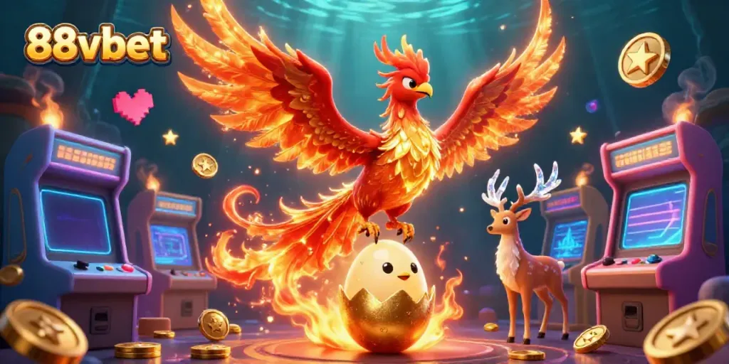Experience 88vbet magic with a dynamic phoenix scene, colorful arcade games, and casino elements.