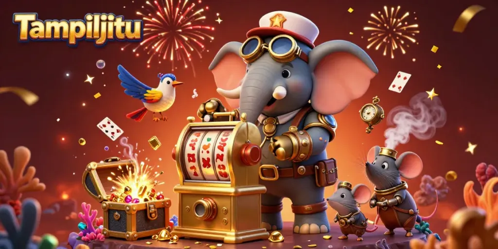 Tampiljitu's 3D steampunk elephant operates a golden slot machine amidst treasure and festive elements.