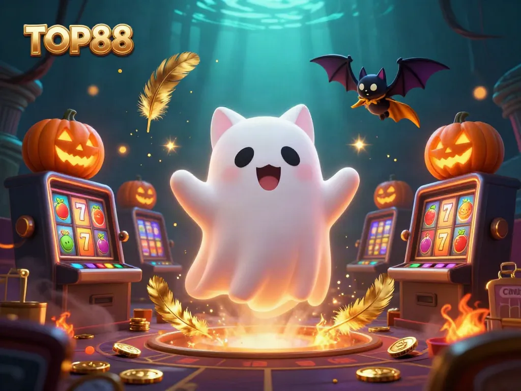 Experience the excitement of TOP88 with our ghost cat and bat companions in a haunted casino.