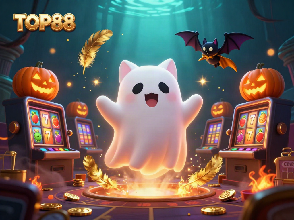 Experience the excitement of TOP88 with our ghost cat and bat companions in a haunted casino.