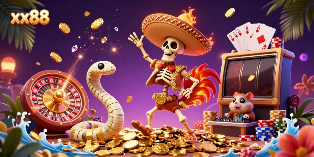Experience exciting gaming action at xx88 with a vibrant 3D casino scene filled with characters and coins.