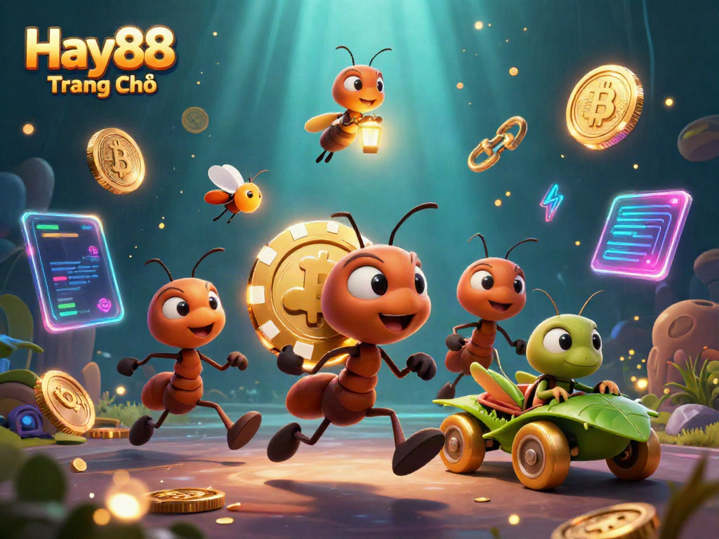 Experience thrills with Hay88 Trang Chủ featuring ants on a heist amid vibrant crypto elements