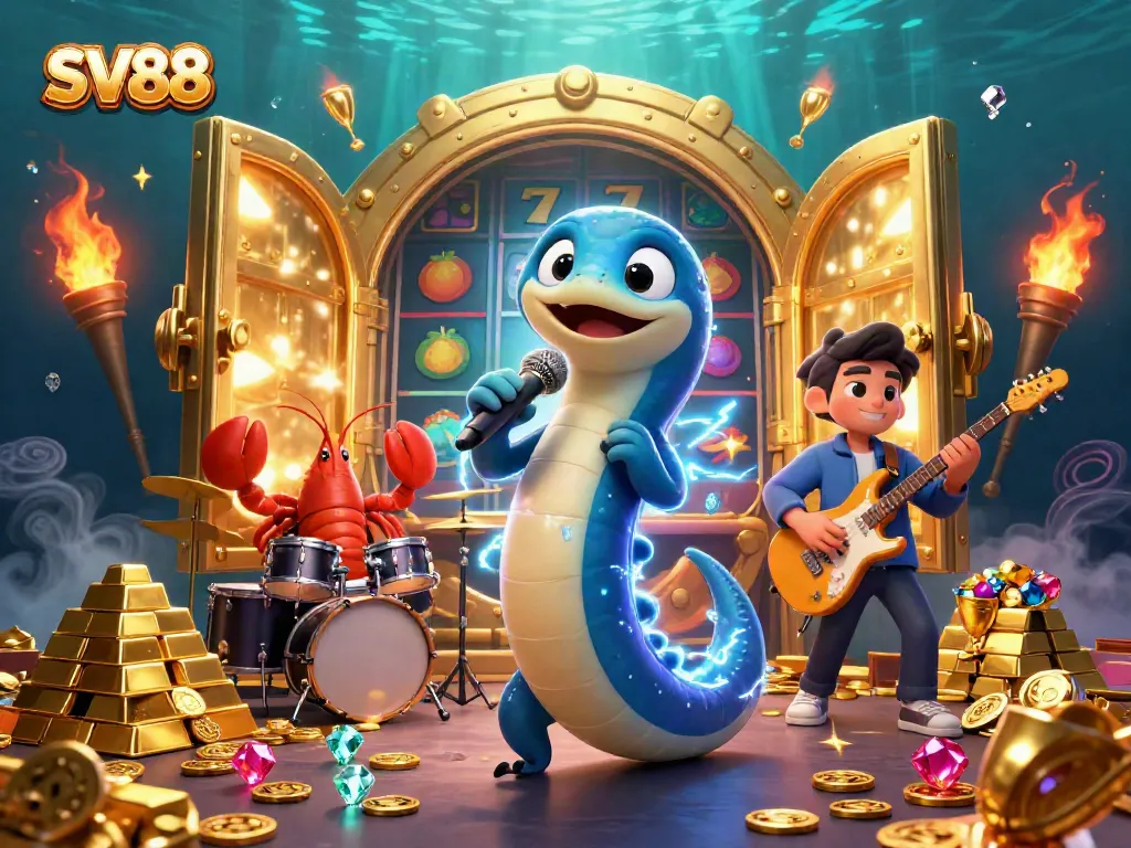 SV88 showcases an electrifying underwater casino performance with vibrant characters and rich gold elements.