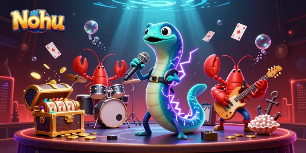 Nohu-themed underwater casino illustration featuring a DJ eel, lobster drummer, and seahorse guitarist in action.