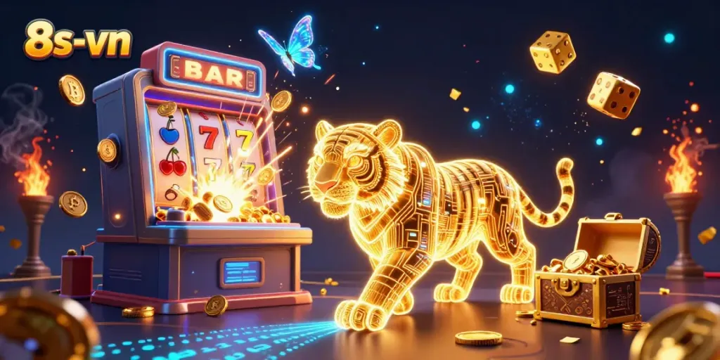Experience 8s-vn's thrilling jackpot slots graphic with a neon golden tiger and vibrant gaming elements.